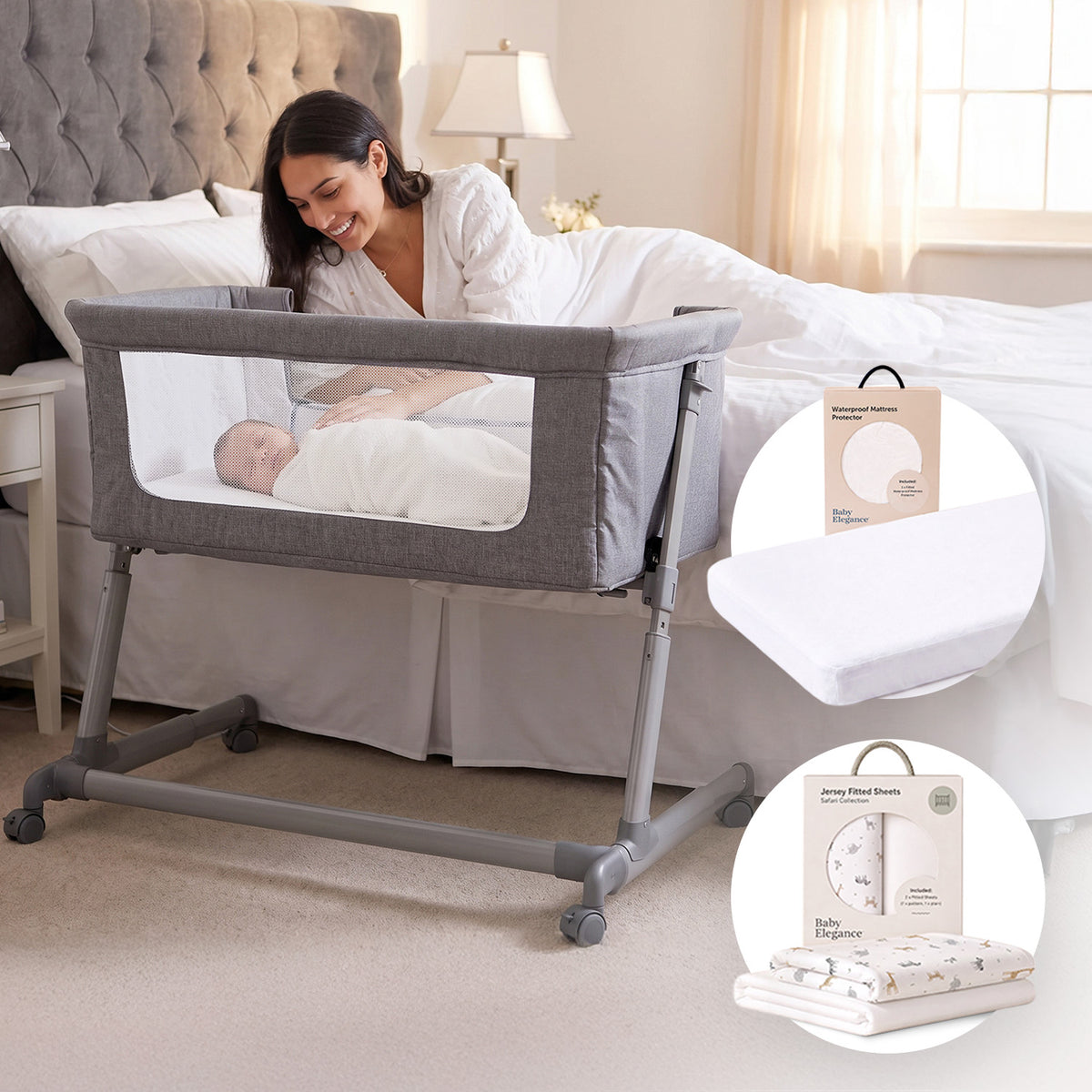Dote Bedside Crib, Sheets &amp; Mattress Protector Bundle