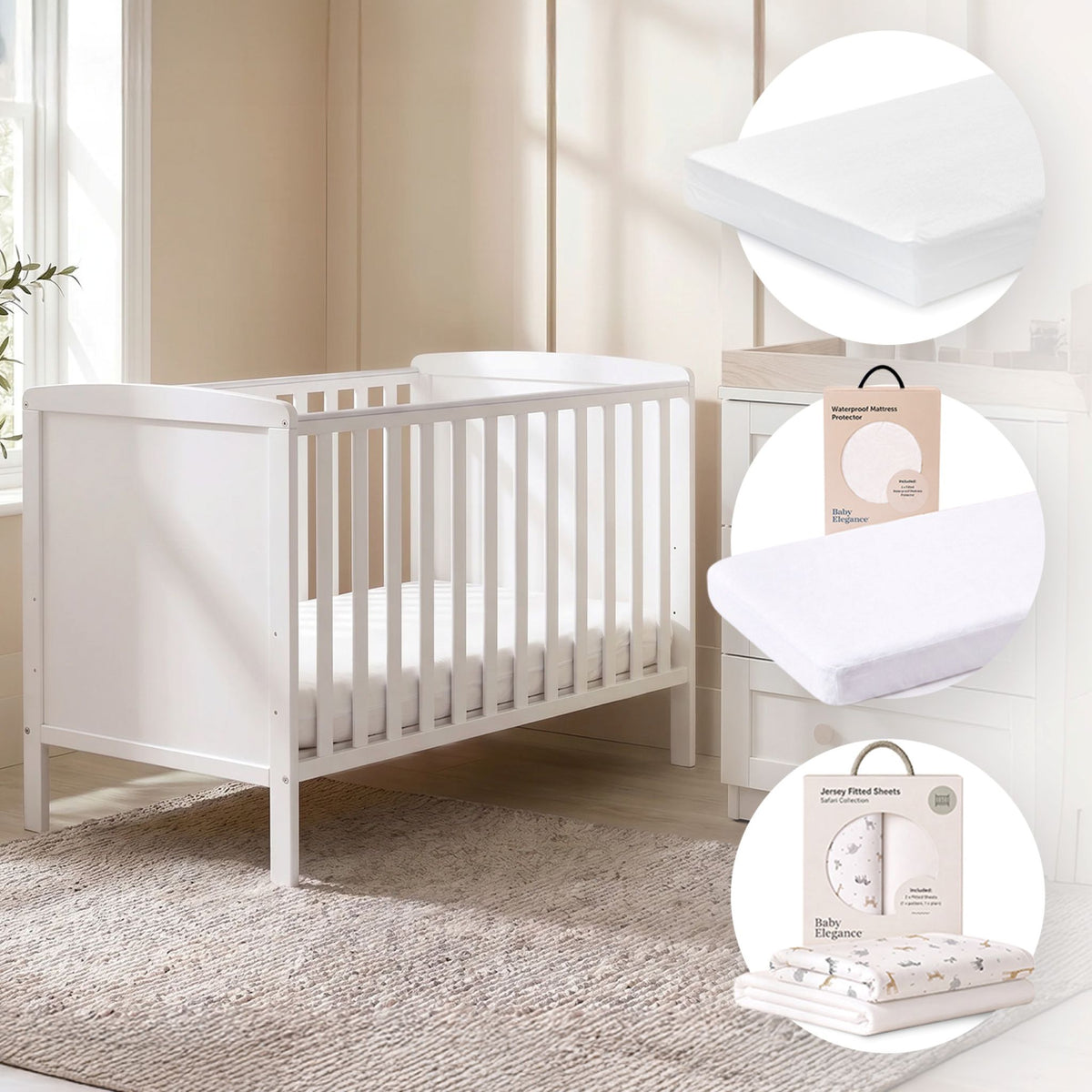 Elle Cot, Mattress, Sheets &amp; Mattress Protector Bundle