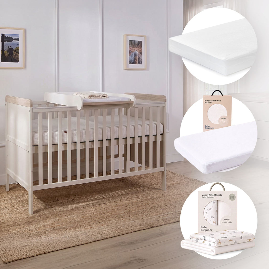 Haddington Cot Bed, Mattress, Sheets &amp; Mattress Protector Bundle