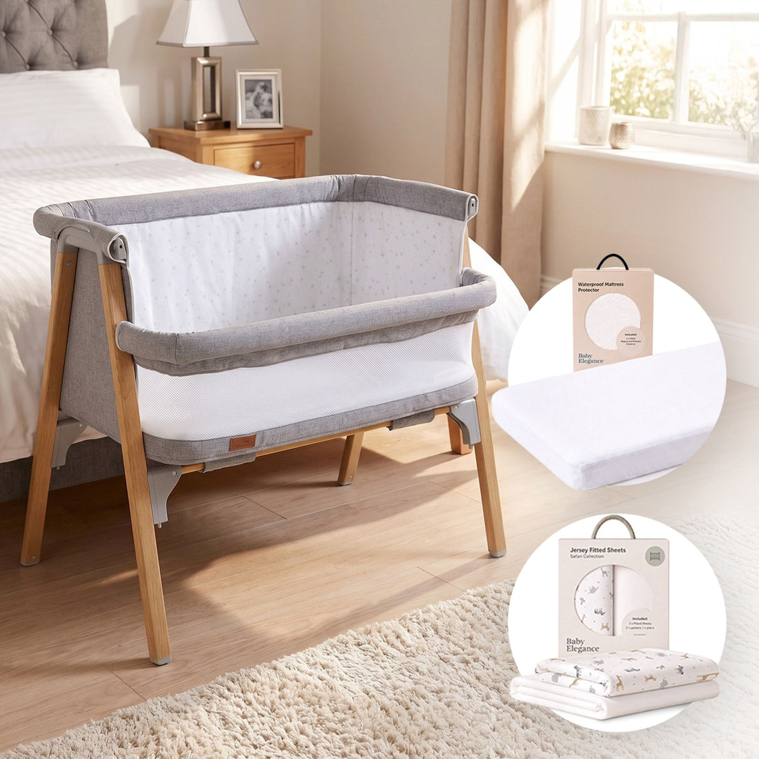 Night Night Bedside Crib, Sheets &amp; Mattress Protector Bundle
